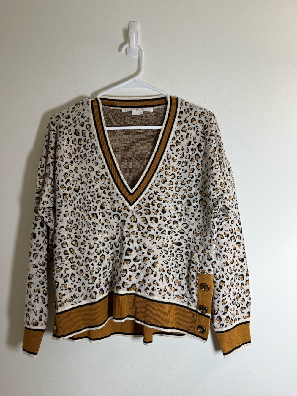 Veronica Beard Leopard Print V-Neck Sweater in White and Mustard